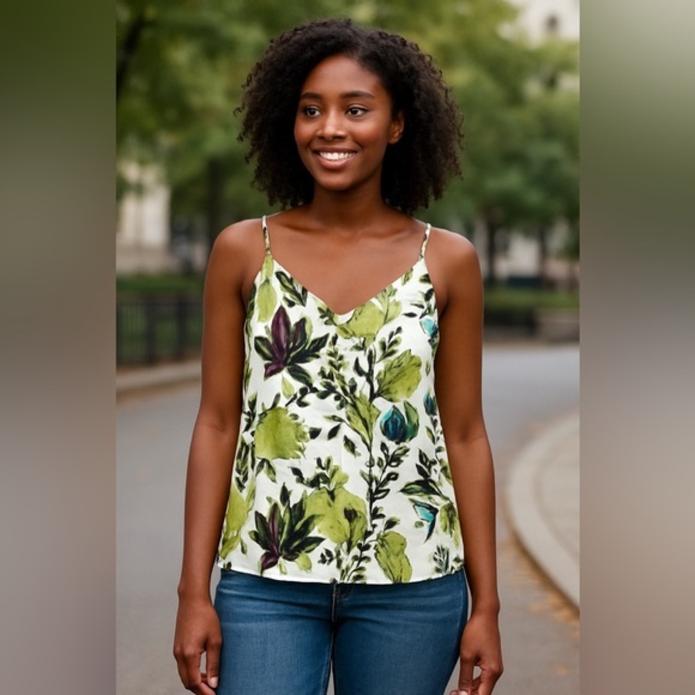 Babaton Women's Olive Aritzia Floral Print Adjustable Spaghetti Strap Top M #770